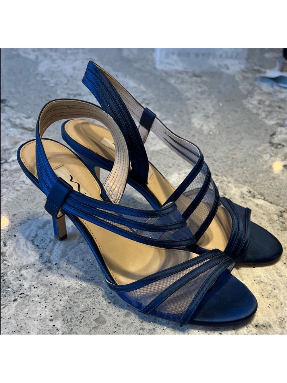 Nina Navy Blue Satin and Mesh Slingback Heels